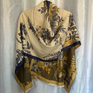 Floral Patterned Shawl Scarf with Blue and Gold Accents